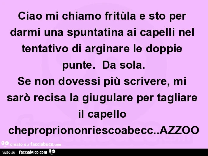 Ciao mi chiamo fritùla e sto per darmi una spuntatina ai capelli nel tentativo di arginare le doppie punte. Da sola. Se non dovessi più scrivere, mi sarò recisa la giugulare per tagliare il capello chepropriononriescoabecc. Azzoo