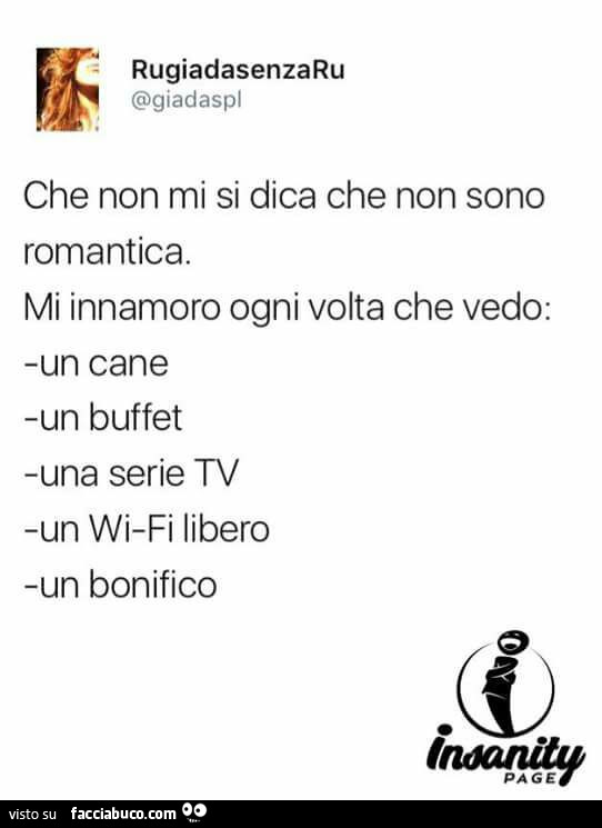 Che non mi si dica che non sono romantica. Mi innamoro ogni volta che vedo: un cane, un buffet, una serie tv, un wi-fi libero, un bonifico