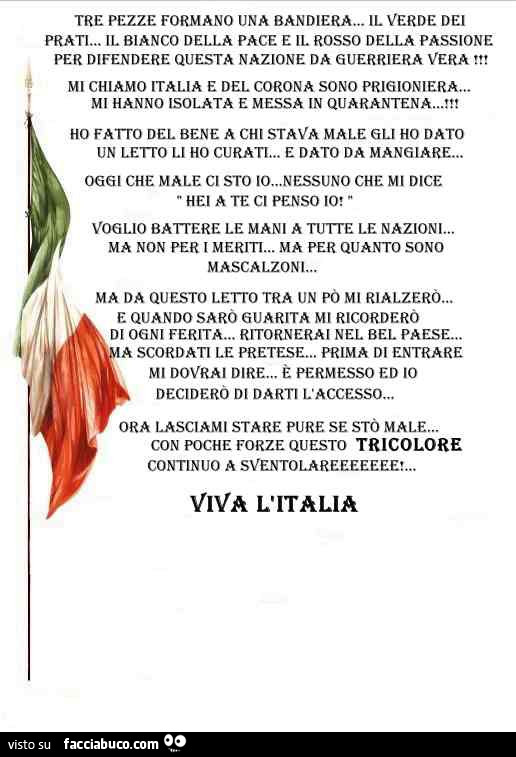 Tre pezze formano una bandiera… il verde dei prati… il bianco della pace e il rosso della passione per difendere questa nazione da guerriera vera chiamo italia e del corona sono prigioniera. Mi hanno isolata e messa in quarantena