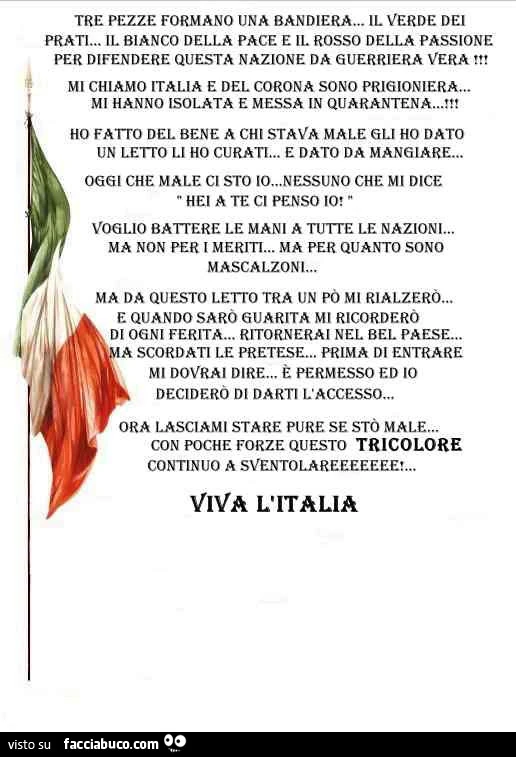 Tre pezze formano una bandiera&hellip; il verde dei prati&hellip; il bianco della pace e il rosso della passione per difendere questa nazione da guerriera vera chiamo italia e del corona sono prigioniera. Mi hanno isolata e messa in quarantena