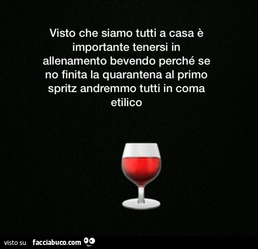 Visto che siamo tutti a casa è importante tenersi in allenamento bevendo perché se no finita la quarantena al primo spritz andremmo tutti in coma etilico