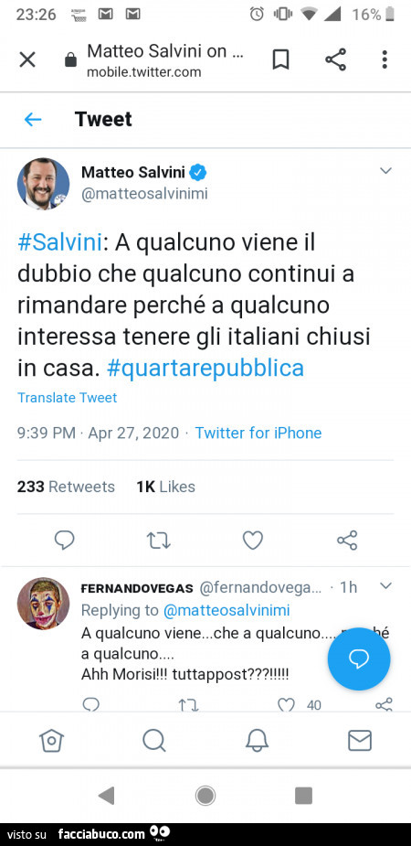 Matteo Salvini: a qualcuno viene il dubbio che qualcuno continui a rimandare perché a qualcuno interessa tenere gli italiani chiusi in casa