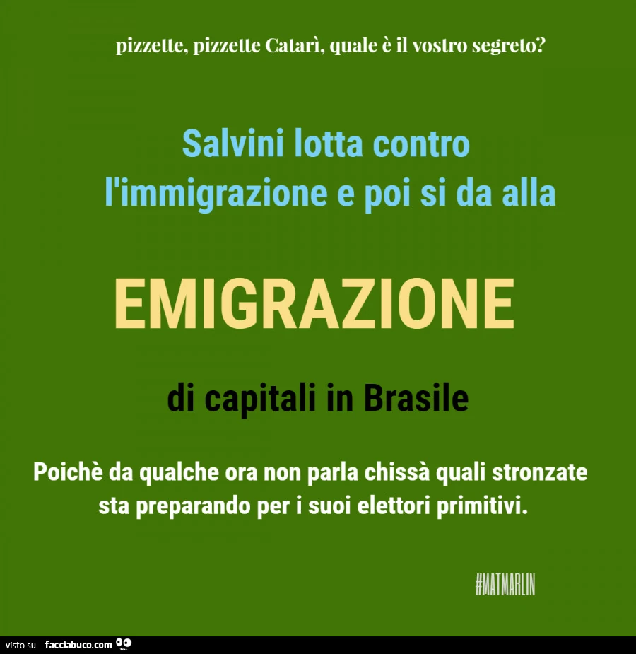 Salvini lotta contro l'immigrazione e poi si da alla emigrazione di capitali in brasile poichè da qualche ora non parla chissà quali stronzate sta preparando per i suoi elettori primitivi