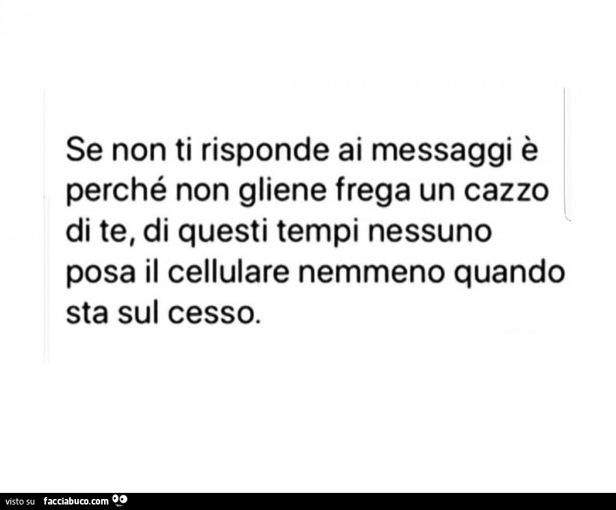 Se non ti risponde ai messaggi è perché non gliene frega un cazzo di te, di questi tempi nessuno posa il cellulare nemmeno quando sta sul cesso
