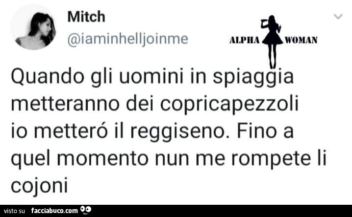 Quando gli uomini in spiaggia metteranno dei copricapezzoli io metterò il reggiseno. Fino a quel momento nun me rompete li cojoni