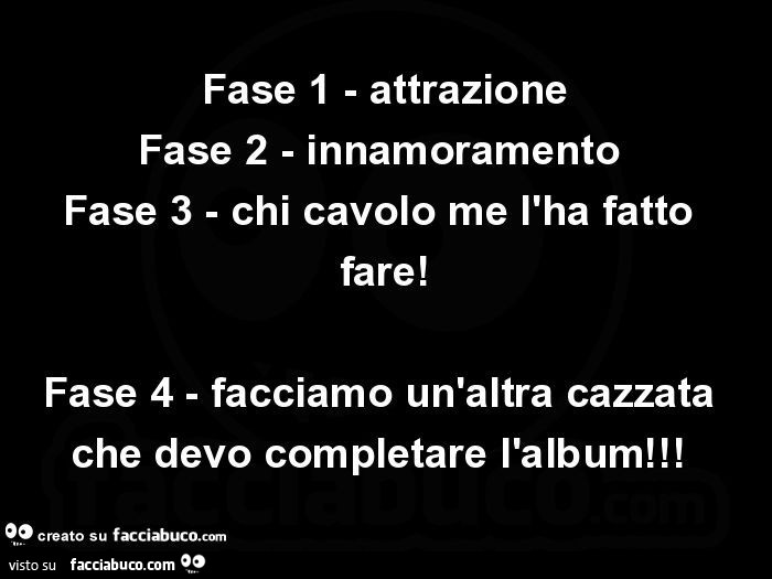 Fase 1: attrazione. Fase 2: innamoramento. Fase 3: chi cavolo me l'ha fatto fare! Fase 4: facciamo un'altra cazzata che devo completare l'album