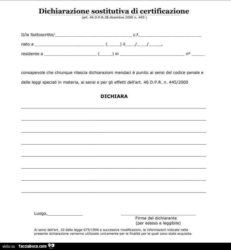 Dichiarazione sostitutiva di certificazione