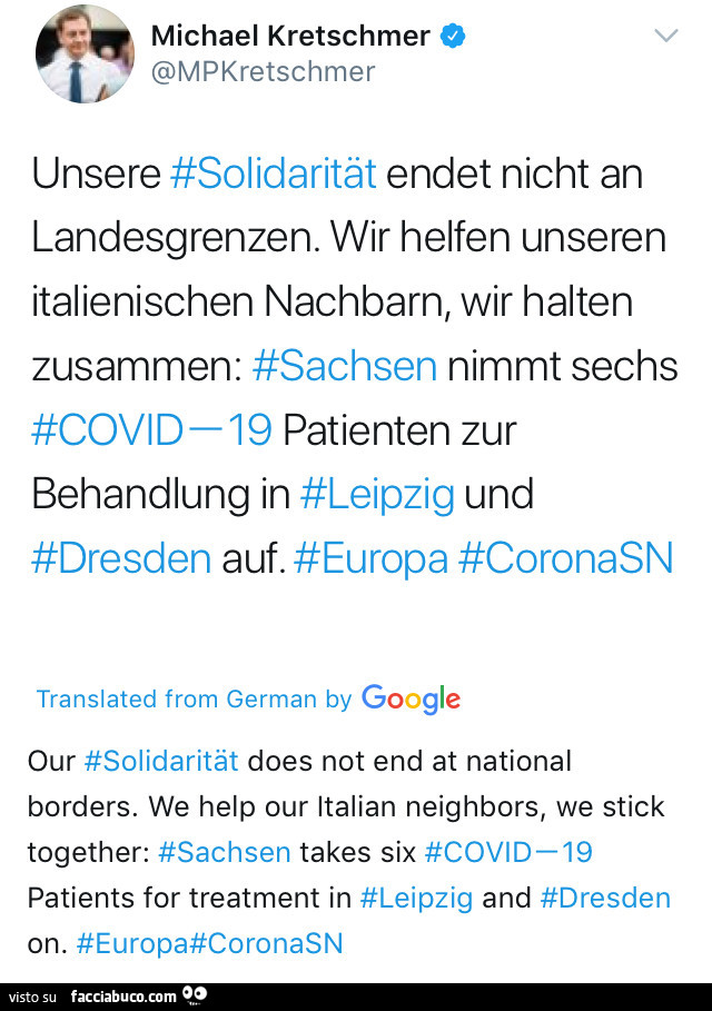 Unsere #solidaritât endet nicht an landesgrenzen. Wir helfen unseren italienischen nachbarn, wir halten #sachsen nimmt sechs zusammen: patienten zur behandlung in #leipzig und #dresden auf