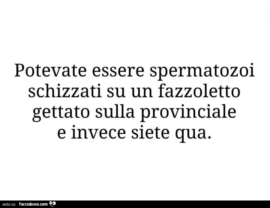 Potevate essere spermatozoi schizzati su un fazzoletto gettato sulla provinciale e invece siete qua