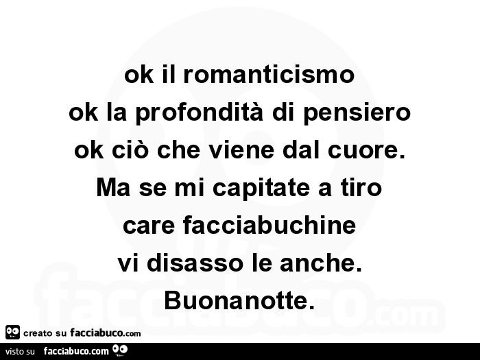 Ok il romanticismo ok la profondità di pensiero ok ciò che viene dal cuore. Ma se mi capitate a tiro care facciabuchine vi disasso le anche. Buonanotte