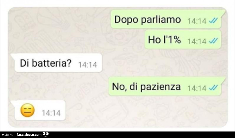 Dopo parliamo ho l'1%. Di batteria? No, di pazienza