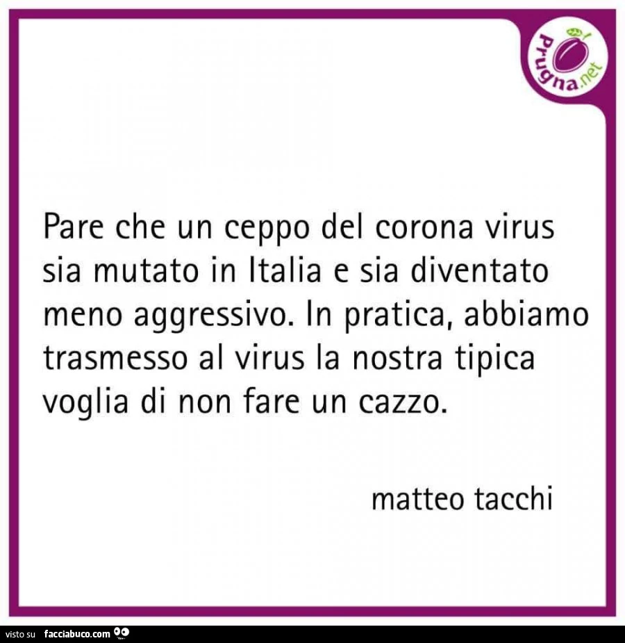 Pare che un ceppo del corona virus sia mutato in italia e sia diventato meno aggressivo. In pratica, abbiamo trasmesso al virus la nostra tipica voglia di non fare un cazzo