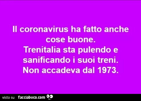 Il coronavirus ha fatto anche cose buone. Trenitalia sta pulendo e sanificando i suoi treni. Non accadeva dal 1973
