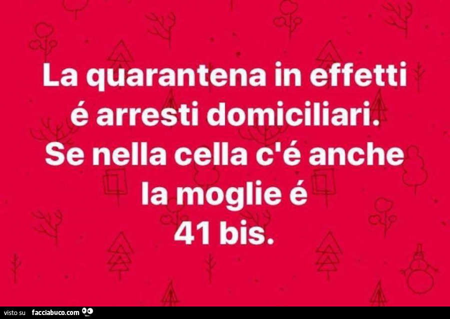 La quarantena in effetti é arresti domiciliari. Se nella cella c'é anche la moglie è 41 bis