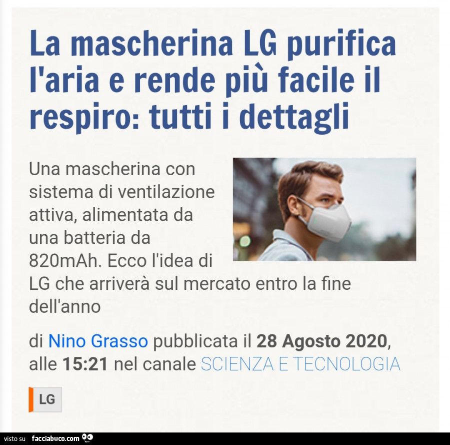La mascherina lg purifica l'aria e rende più facile il respiro