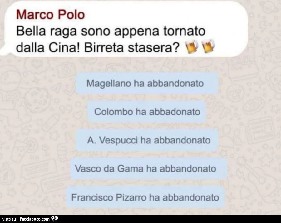 Marco polo bella raga sono appena tornato dalla cina! Birreta stasera? Magellano ha abbandonato colombo ha abbadonato a. Vespucci ha abbandonato vasco da gama ha abbandonato