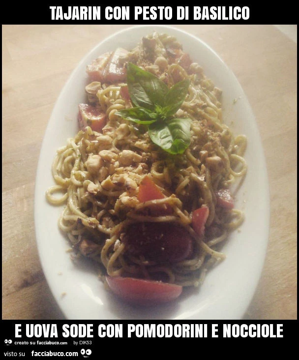 Tajarin con pesto di basilico e uova sode con pomodorini e nocciole