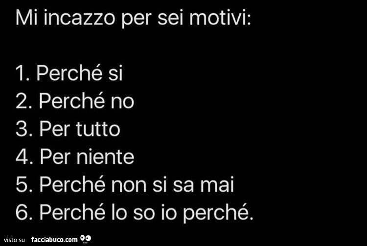 Mi incazzo per sei motivi: perché si 1. 2. Perché no 3. Per tutto per niente 4. 5. Perché non si sa mai 6. Perché lo so io perché