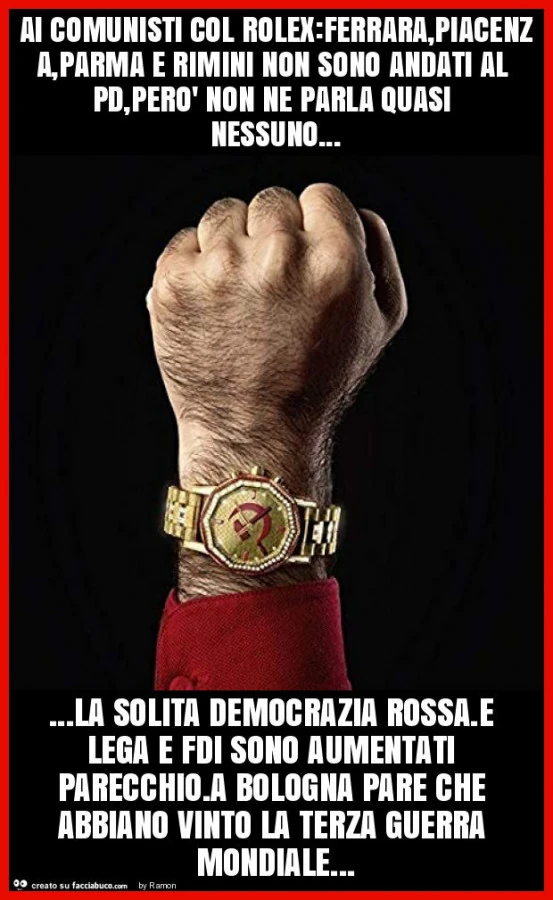 Ai comunisti col rolex: ferrara, piacenza, parma e rimini non sono andati al pd, però non ne parla quasi nessuno&hellip; la solita democrazia rossa. E lega e fdi sono aumentati parecchio. A bologna pare che abbiano vinto la terza guerra mondiale