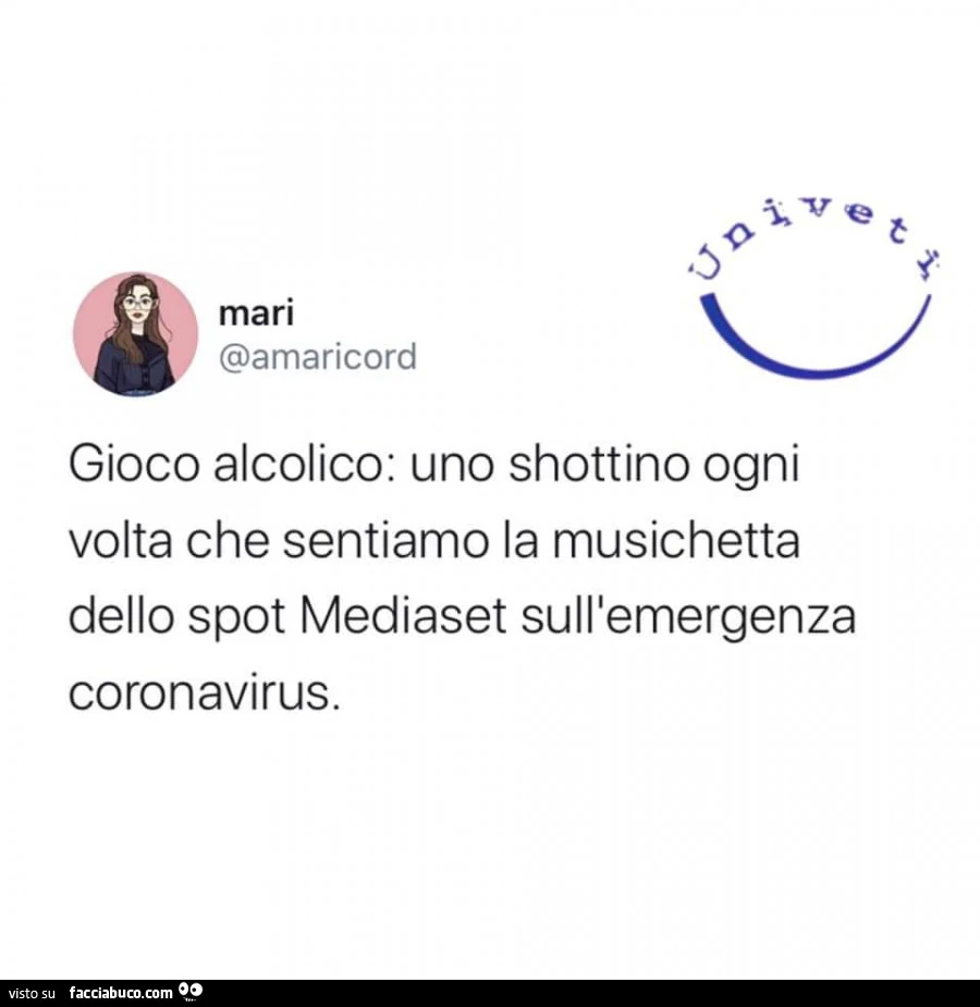 Gioco alcolico: uno shottino ogni volta che sentiamo la musichetta dello spot mediaset sull'emergenza coronavirus