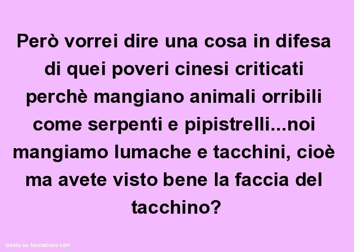 Però vorrei dire una cosa in difesa di quei poveri cinesi criticati perchè mangiano animali orribili come serpenti e pipistrelli&hellip; noi mangiamo lumache e tacchini, cioè ma avete visto bene la faccia del tacchino?