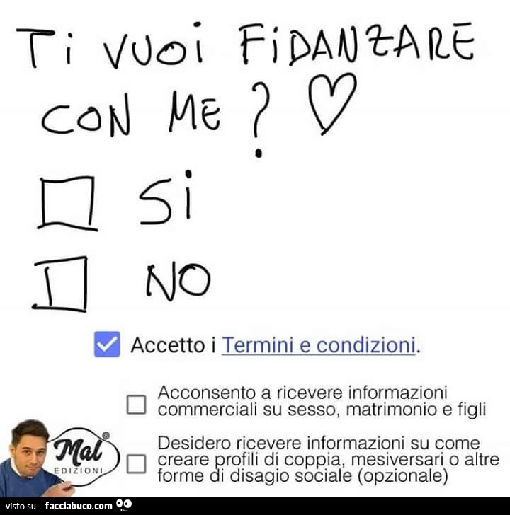 Ti vuoi fidanzare con me? Accetto i termini e condizioni