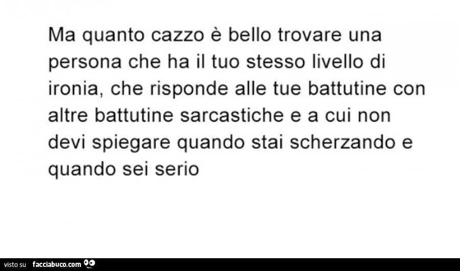 Ma quanto cazzo è bello trovare una persona che ha il tuo stesso livello di ironia, che risponde alle tue battutine con altre battutine sarcastiche e a cui non devi spiegare quando stai scherzando e quando sei serio