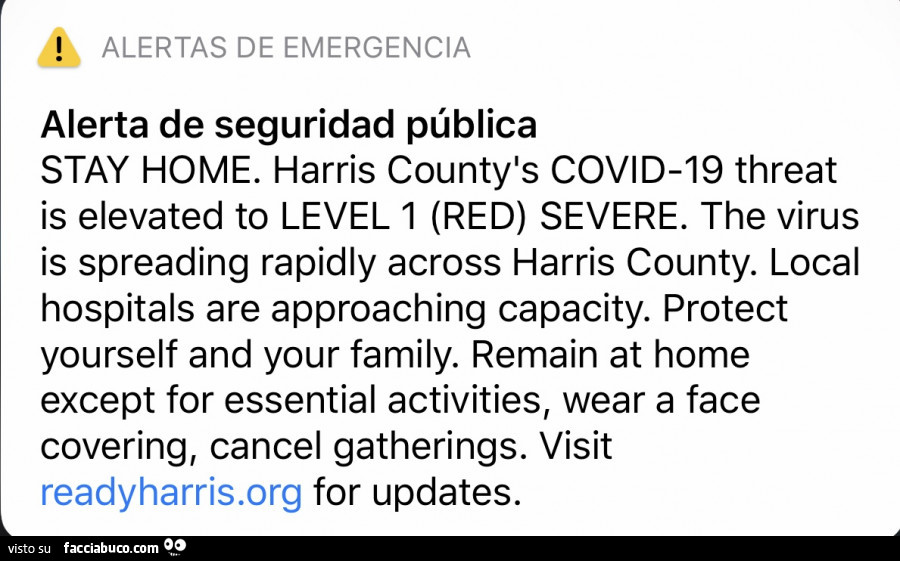 Alerta de seguridad pública stay home. Harris county's covid-19 threat is elevated to level 1 red severe. The virus is spreading rapidly across harris county. Local hospitals are approaching capacity. Protect yourself and your family