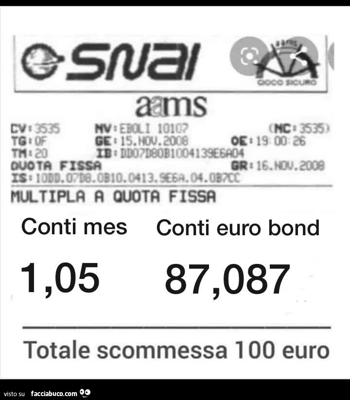 SNAI. Conti mes. Conti euro bond