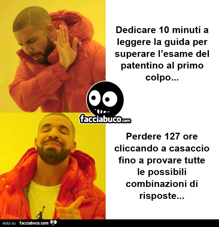 Dedicare 10 minuti a leggere la guida per superare l'esame del patentino al primo colpo, no&hellip; perdere 127 ore cliccando a casaccio fino a provare tutte le possibili combinazioni di risposte, si
