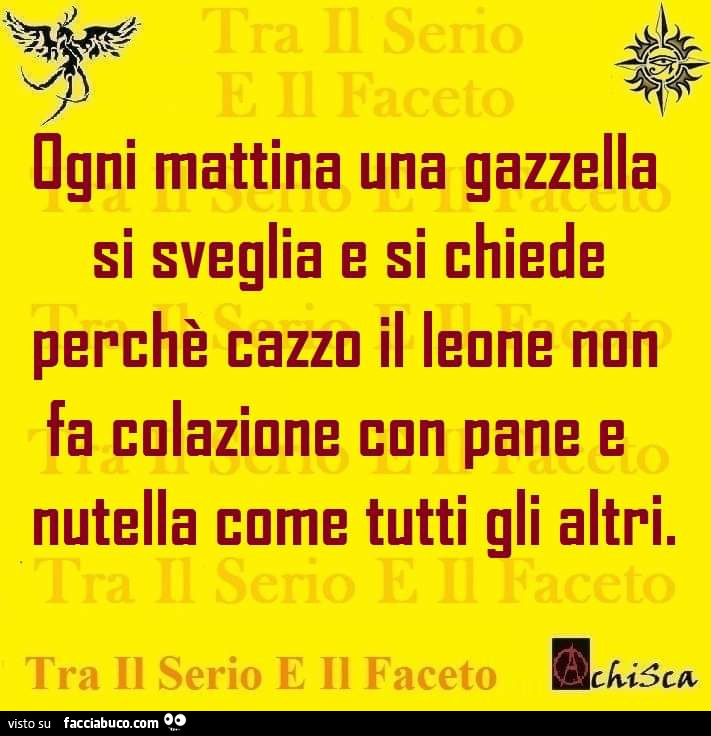Ogni mattina una gazzella si sveglia e si chiede perché cazzo il leone non fa colazione con pane e nutella come tutti gli altri