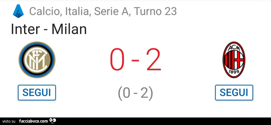 Fine primo tempo Inter 0 Milan 2