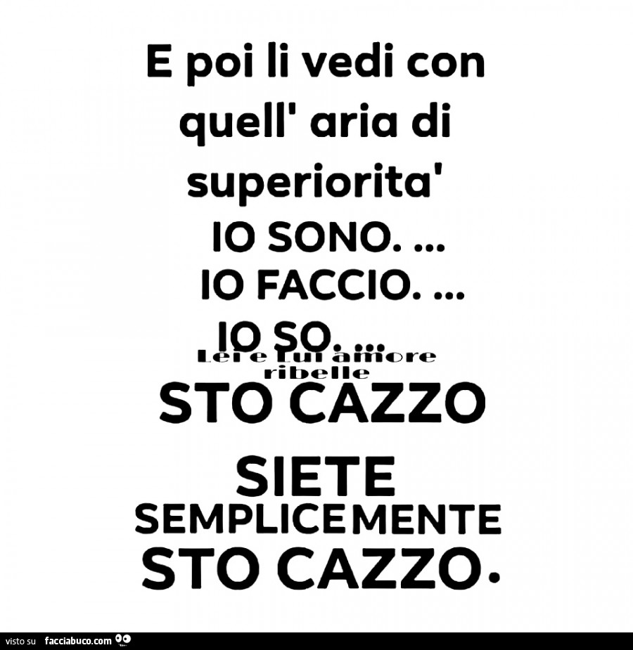 E poi li vedi con quell'aria di superiorità io sono io faccio io so. Sto cazzo. Siete semplicemente sto cazzo