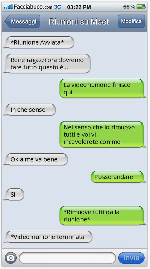 *Riunione Avviata*. Bene ragazzi ora dovremo fare tutto questo è&hellip; La videoriunione finisce qui. In che senso. Nel senso che io rimuovo tutti e voi vi incavolerete con me. Ok a me va bene. Posso andare. Si. *Rimuove tutti dalla riunione*. *Video riu