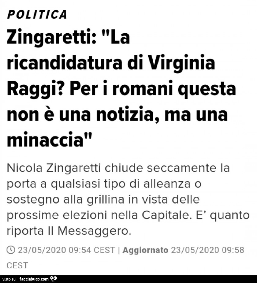 Zingaretti: la ricandidatura di virginia raggi? Per i romani questa non è una notizia, ma una minaccia