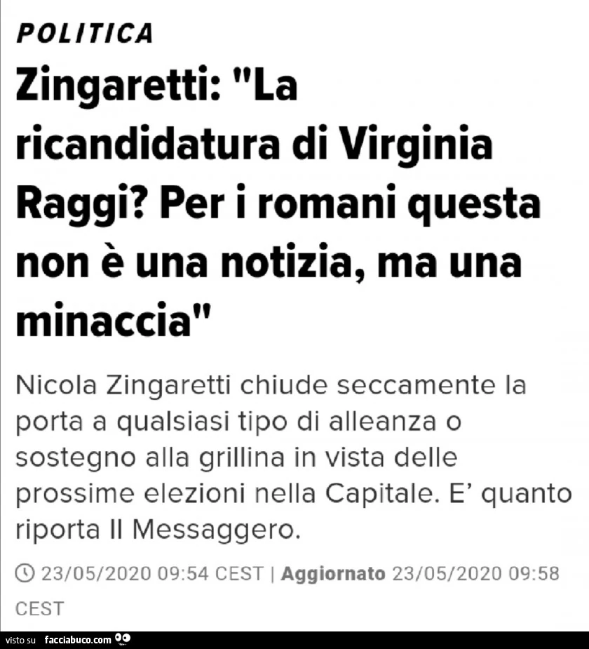 Zingaretti: la ricandidatura di virginia raggi? Per i romani questa non è una notizia, ma una minaccia