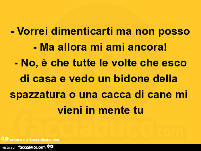 Vorrei dimenticarti ma non posso. Ma allora mi ami ancora! No, è che tutte le volte che esco di casa e vedo un bidone della spazzatura o una cacca di cane mi vieni in mente tu