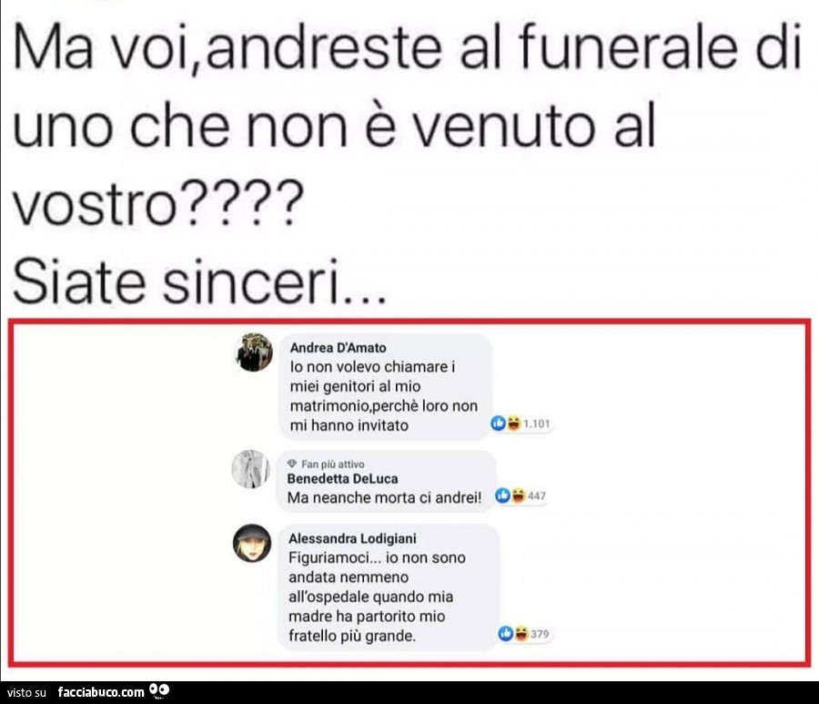 Ma voi, andreste al funerale di uno che non è venuto al vostro? Siate sinceri… io non volevo chiamare i miei genitori al mio matrimonio, perché loro non mi hanno invitato