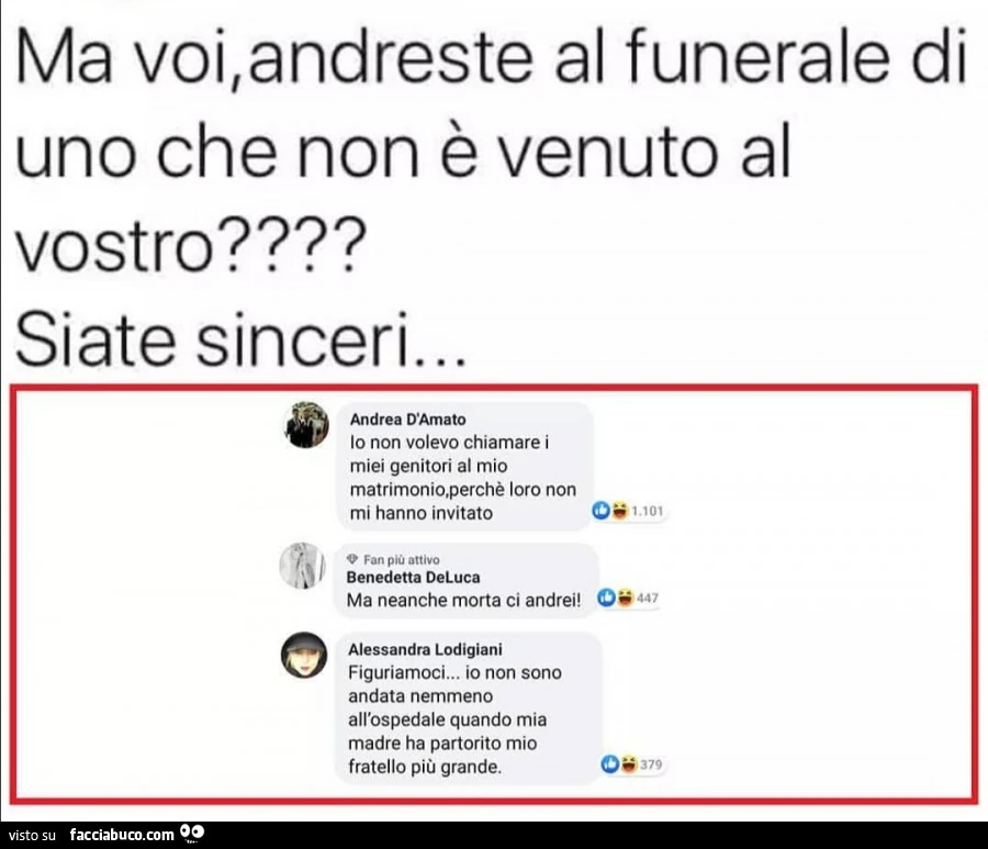 Ma voi, andreste al funerale di uno che non è venuto al vostro? Siate sinceri&hellip; io non volevo chiamare i miei genitori al mio matrimonio, perché loro non mi hanno invitato