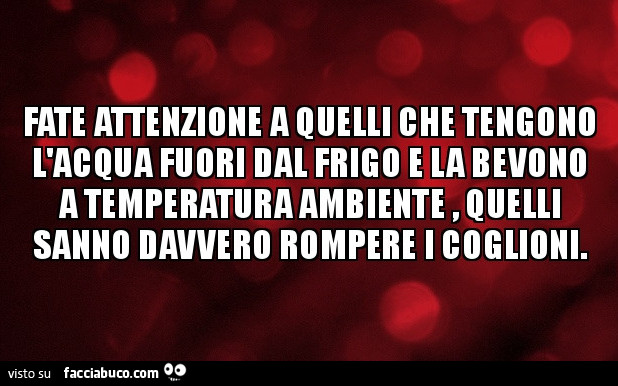 Fate attenzione a quelli che tengono l'acqua fuori dal frigo e la bevono a temperatura ambiente, quelli sanno davvero rompere i coglioni