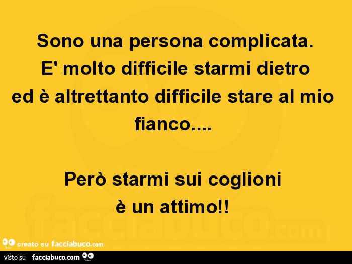 Sono una persona complicata. È Molto difficile starmi dietro ed è altrettanto difficile stare al mio fianco… però starmi sui coglioni è un attimo