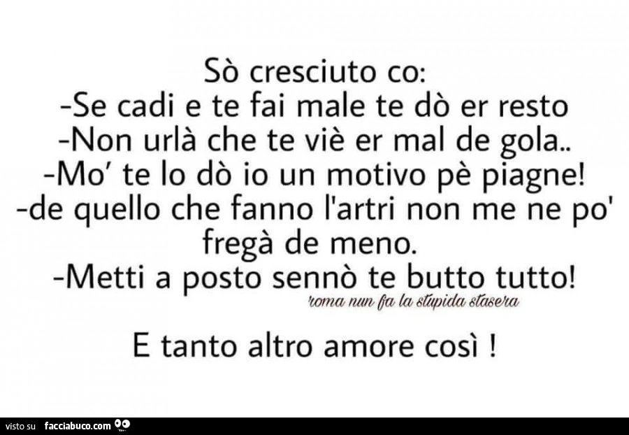 Sò cresciuto co: se cadi e te fai male te dò er resto. Non urlà che te viè er mal de gola. Mò te lo dò io un motivo pè piagne! De quello che fanno l'artri non me ne po' fregà de meno. Metti a posto sennò te butto tutto