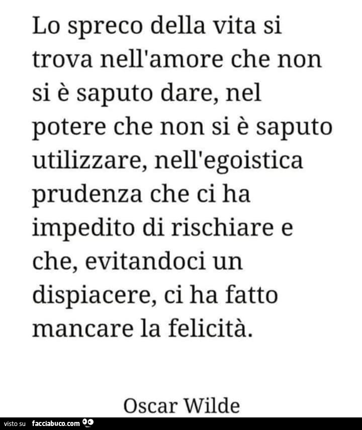 Lo spreco della vita si trova nell'amore che non si è saputo dare, nel potere che non si è saputo utilizzare, nell'egoistica prudenza che ci ha impedito di rischiare e che, evitandoci un dispiacere, ci ha fatto mancare la felicità. Oscar Wilde