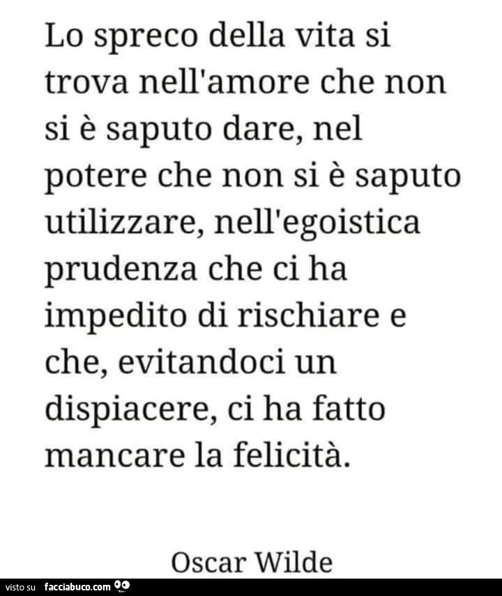 Lo spreco della vita si trova nell'amore che non si è saputo dare, nel potere che non si è saputo utilizzare, nell'egoistica prudenza che ci ha impedito di rischiare e che, evitandoci un dispiacere, ci ha fatto mancare la felicità. Oscar Wilde
