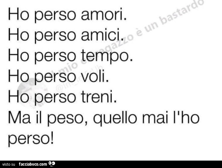 Ho perso amori. Ho perso amici. Ho perso tempo. Ho perso voli. Ho perso treni. Ma il peso, quello mai l'ho perso