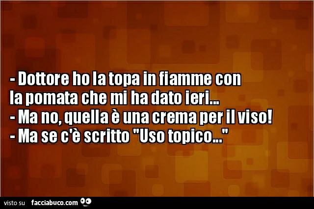 Dottore ho la topa in fiamme con la pomata che mi ha dato ieri&hellip; ma no, quella è una crema per il viso! Ma se c'è scritto uso topico&hellip;
