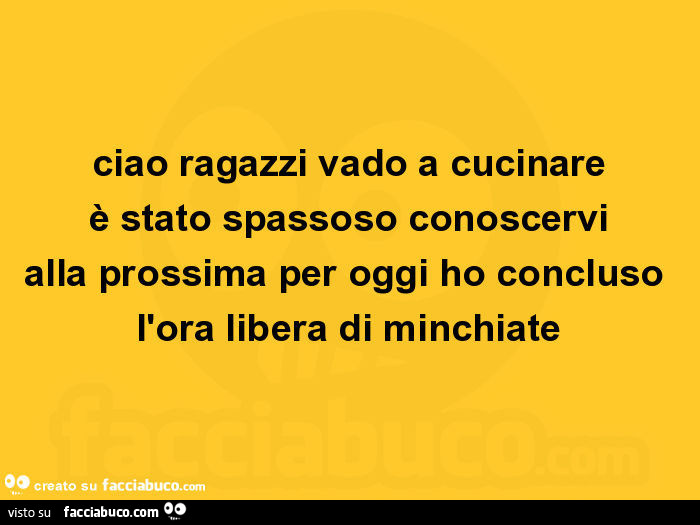 Ciao ragazzi vado a cucinare è stato spassoso conoscervi alla prossima per oggi ho concluso l'ora libera di minchiate