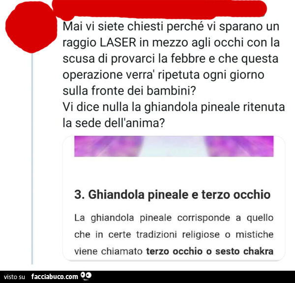 Mai vi siete chiesti perché vi sparano un raggio laser in mezzo agli occhi con la scusa di provarci la febbre e che questa operazione verrà ripetuta ogni giorno sulla fronte dei bambini? Vi dice nulla la ghiandola pineale ritenuta la sede dell'anima?