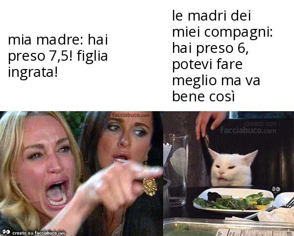 Mia madre: hai preso 7,5! Figlia ingrata! . Le madri dei miei compagni: hai preso 6, potevi fare meglio ma va bene così
