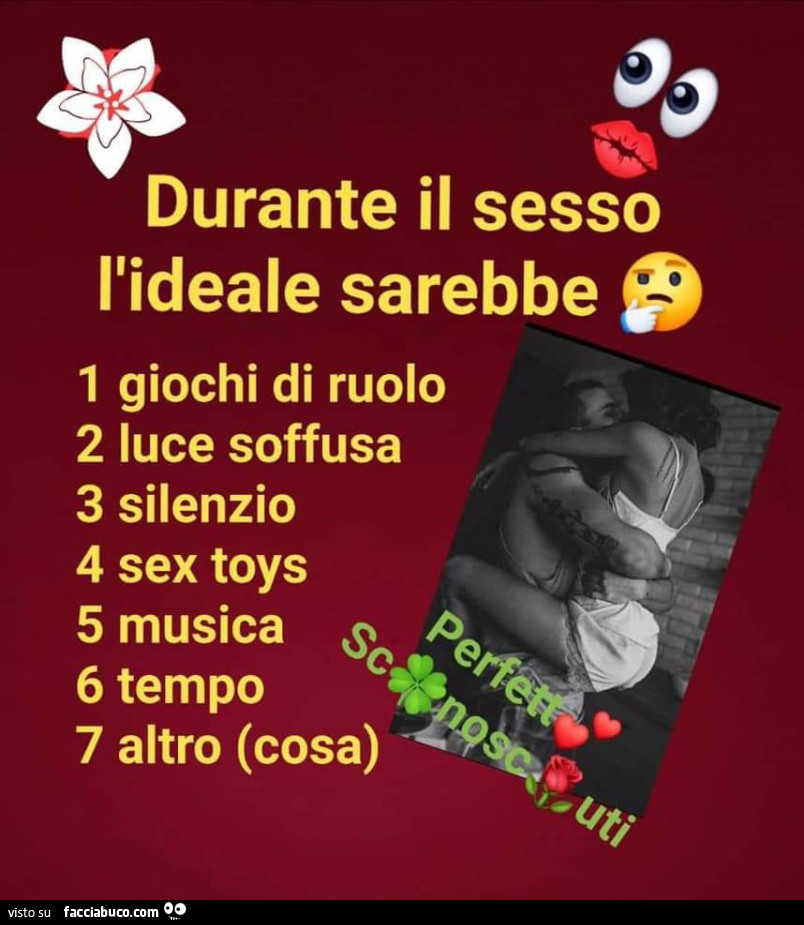 Durante il sesso l'ideale sarebbe: giochi di ruolo, luce soffusa, silenzio, sex toys, musica, altro